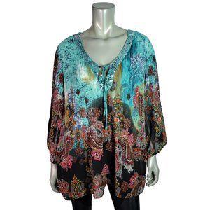 Dressbarn Peasant Top Plus Size 1X  Paisley Tie Neck 3/4 Sleeve Sheer Blue‎
